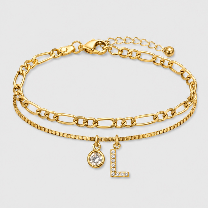 Solène™ – Layered Gold-Tone Anklet with Initial Charm &amp; Rhinestones + 1+1 FREE