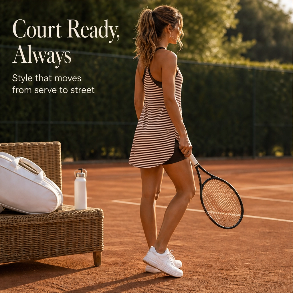 Brookline™ – Striped V-Neck Tennis Dress with Built-In Shorts + 50% OFF