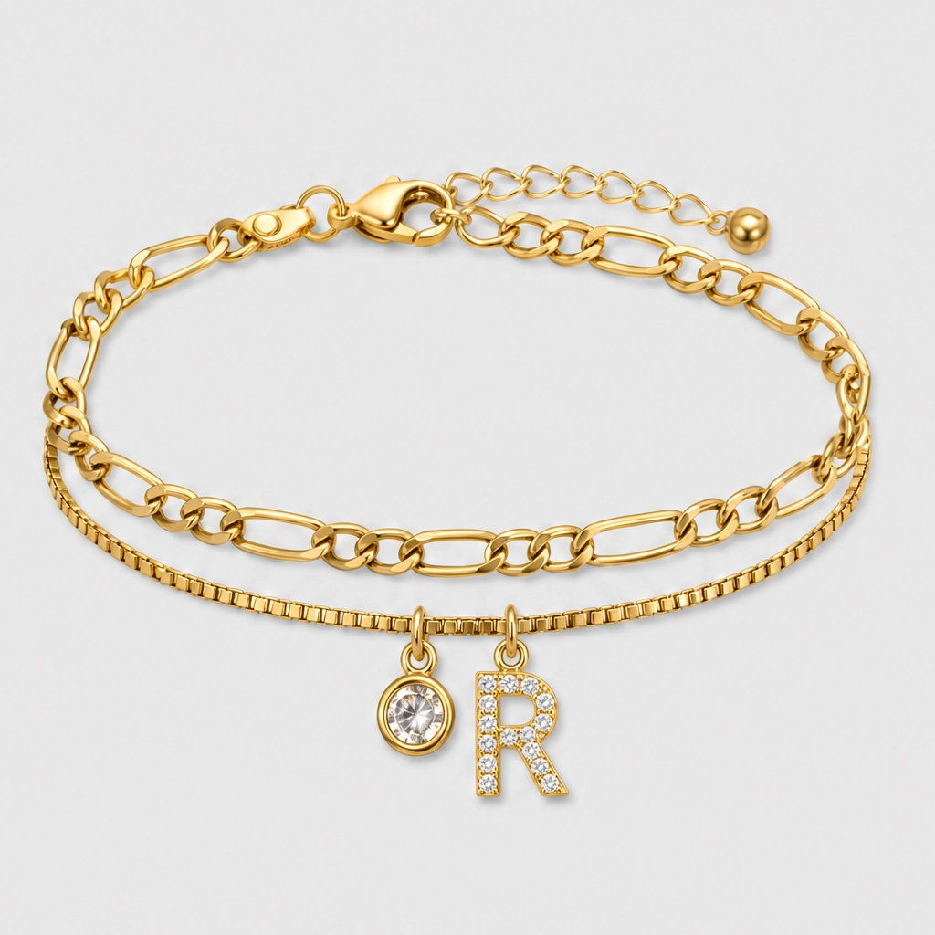 Solène™ – Layered Gold-Tone Anklet with Initial Charm &amp; Rhinestones + 1+1 FREE