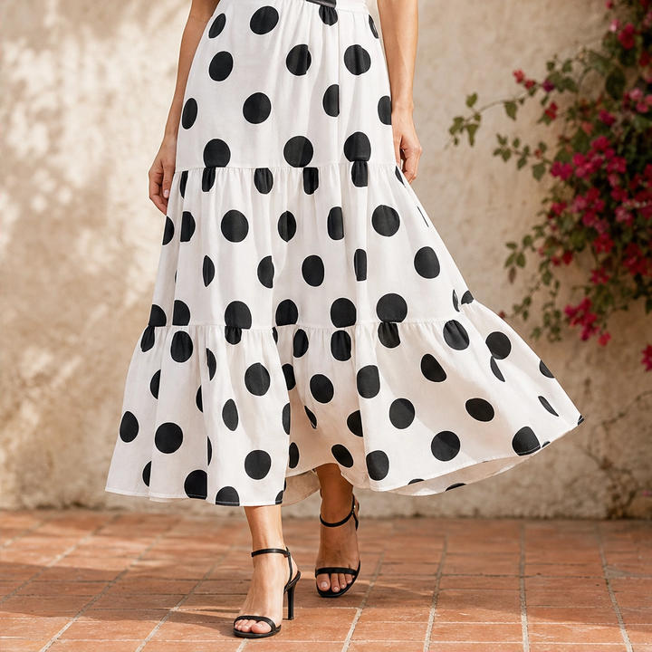 Solenna™ – Strapless Polka Dot Tiered Midi Dress + 50% OFF