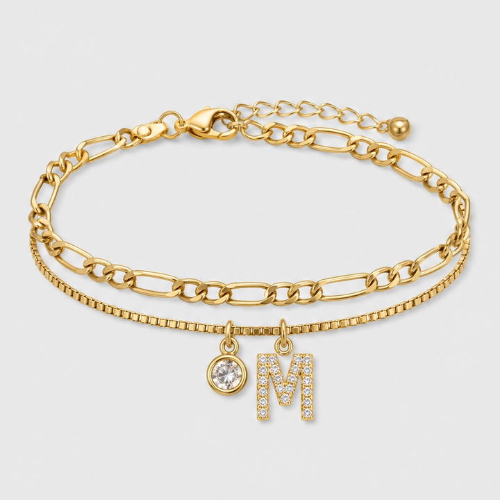 Solène™ – Layered Gold-Tone Anklet with Initial Charm &amp; Rhinestones + 1+1 FREE