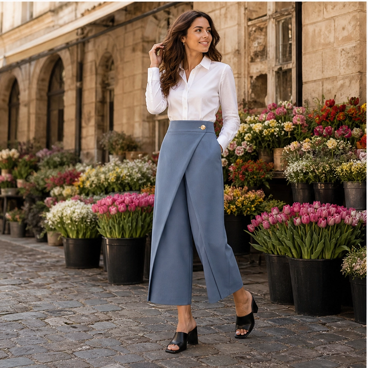 Drapelle – High-Waisted Wrap-Front Wide-Leg Cropped Trousers + 50% OFF
