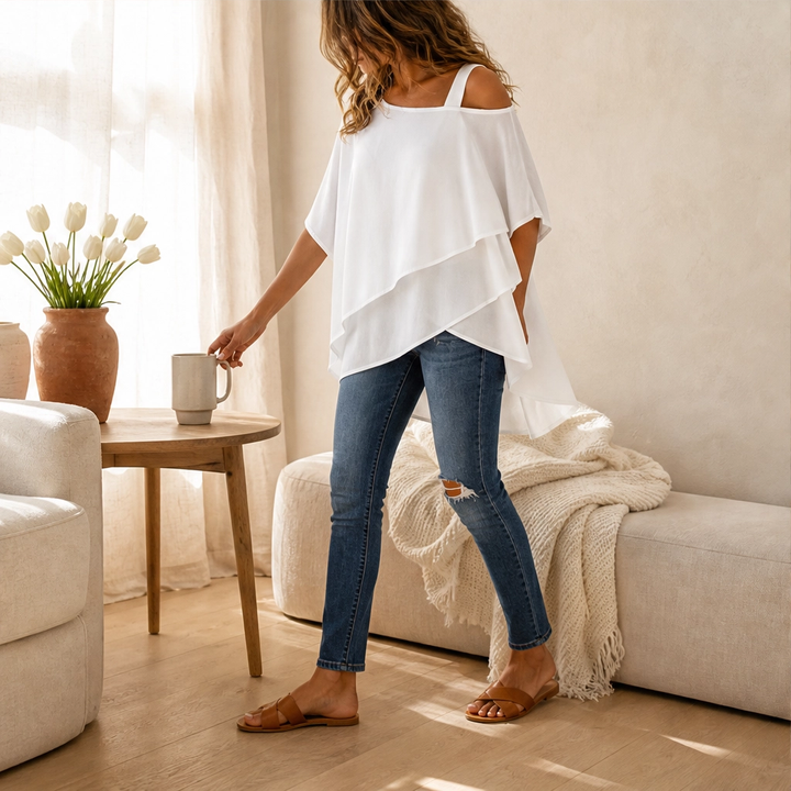 Almora™ – Asymmetrical Layered Cold-Shoulder Loose Fit Blouse + 50% OFF