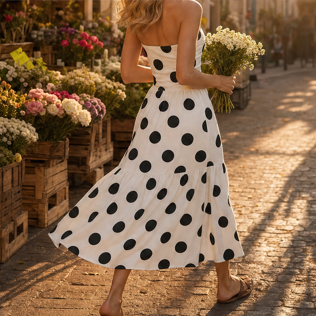 Solenna™ – Strapless Polka Dot Tiered Midi Dress + 50% OFF