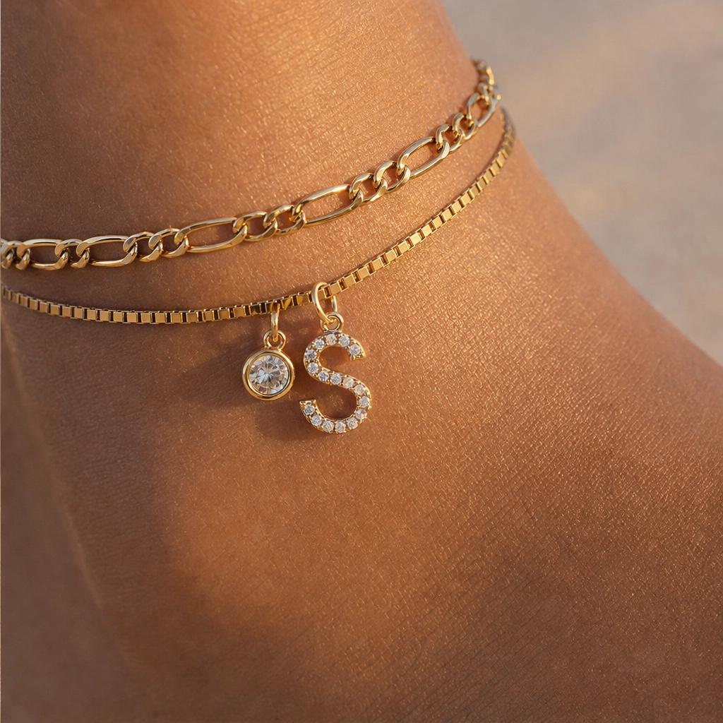 Solène™ – Layered Gold-Tone Anklet with Initial Charm &amp; Rhinestones + 1+1 FREE