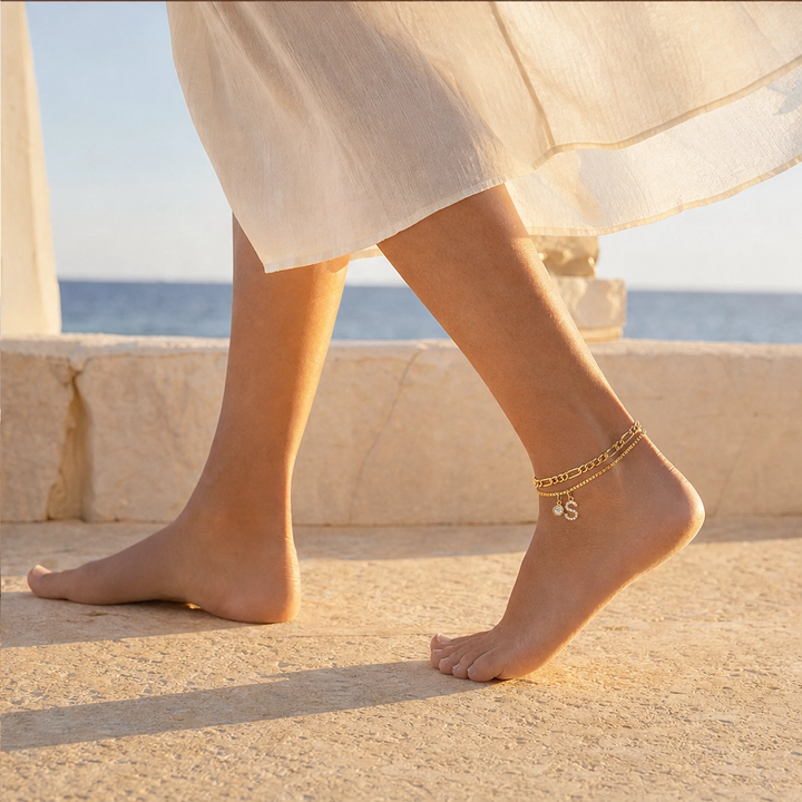 Solène™ – Layered Gold-Tone Anklet with Initial Charm &amp; Rhinestones + 1+1 FREE