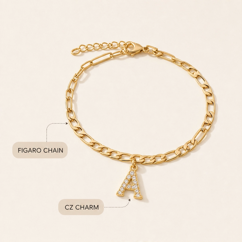 Solène™ – Layered Gold-Tone Anklet with Initial Charm &amp; Rhinestones + 1+1 FREE
