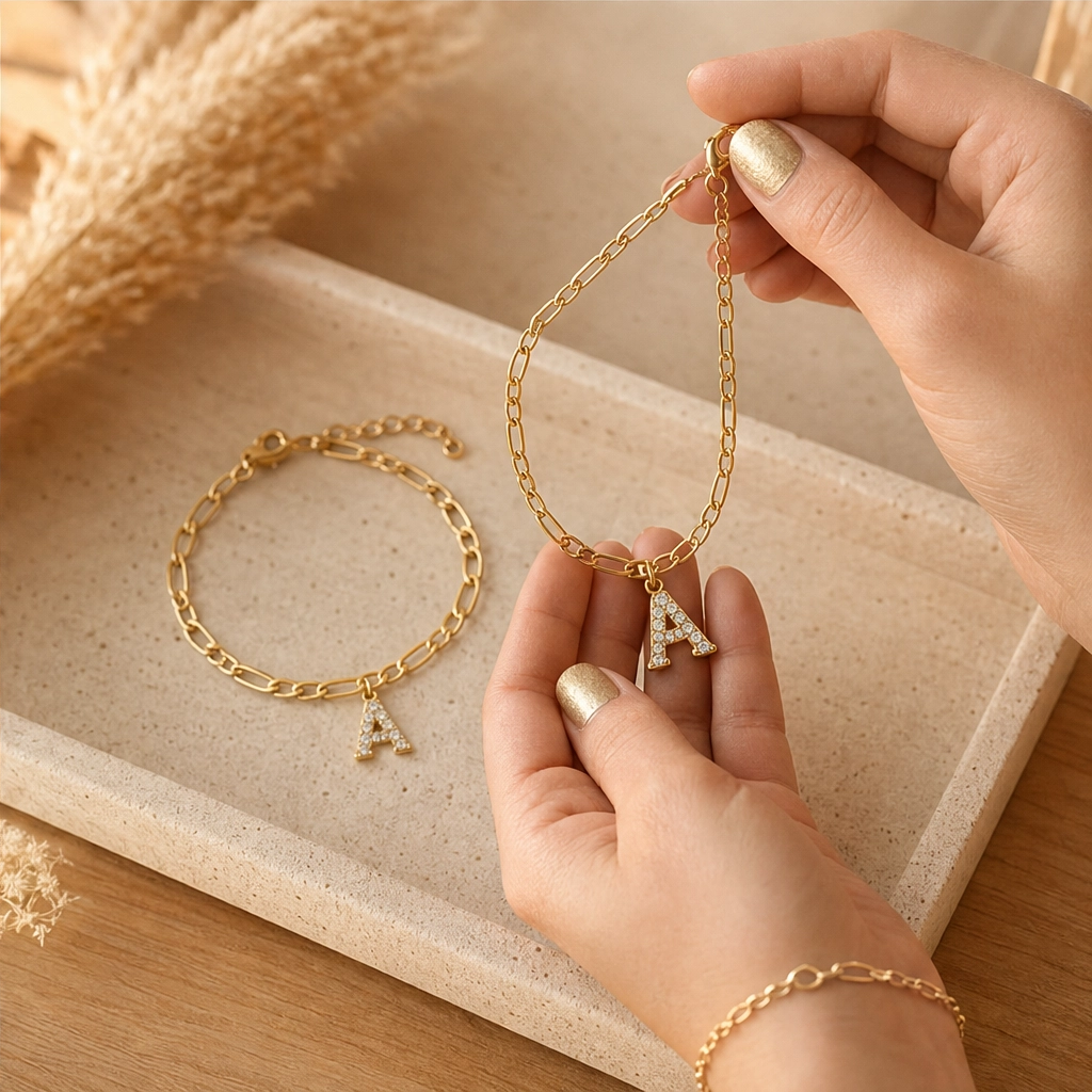 Solène™ – Layered Gold-Tone Anklet with Initial Charm &amp; Rhinestones + 1+1 FREE