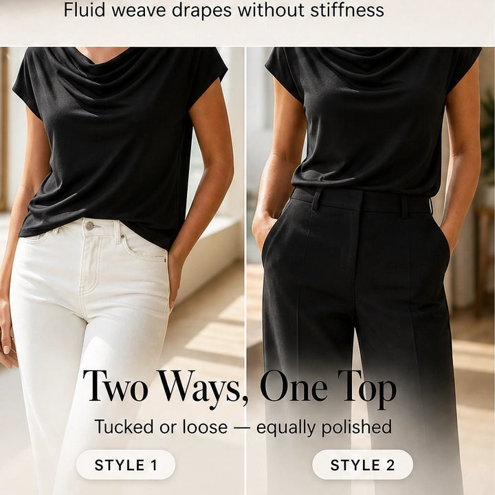 Drapelle™ – Cowl Neck Cap Sleeve Top with Twisted Hem + 50% OFF