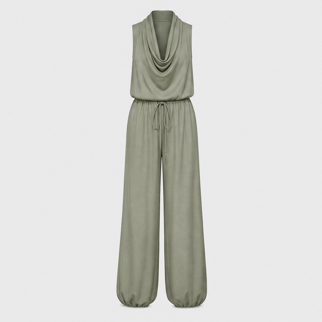 Solenne™ – Draped Cowl-Neck Halter Wide-Leg Jumpsuit + 50% OFF