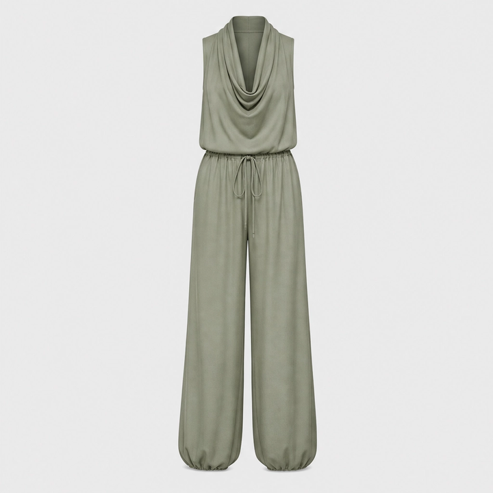 Solenne™ – Draped Cowl-Neck Halter Wide-Leg Jumpsuit + 50% OFF