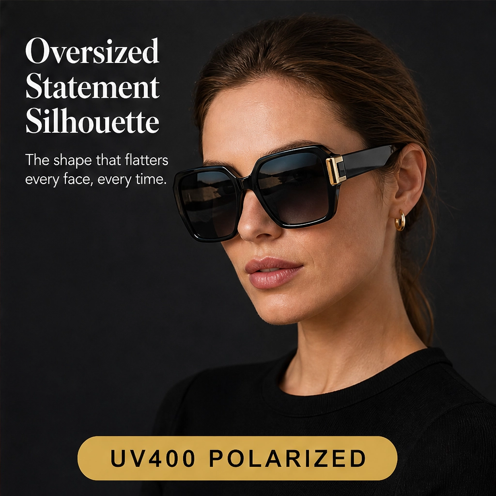 Solenne – Oversized Square UV400 Sunglasses with Gold Hinge Detail + 50% OFF