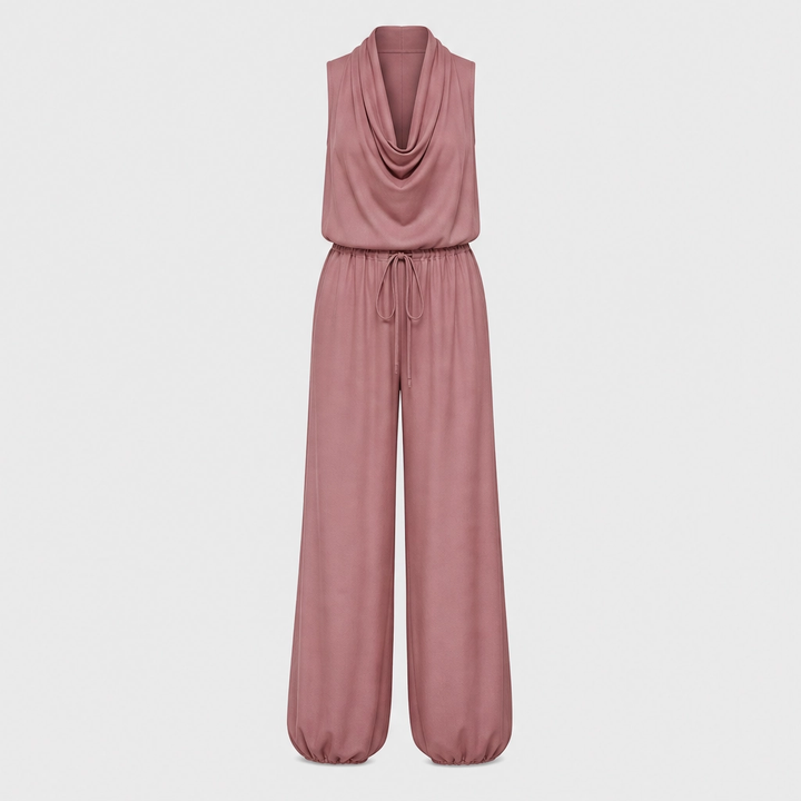 Solenne™ – Draped Cowl-Neck Halter Wide-Leg Jumpsuit + 50% OFF