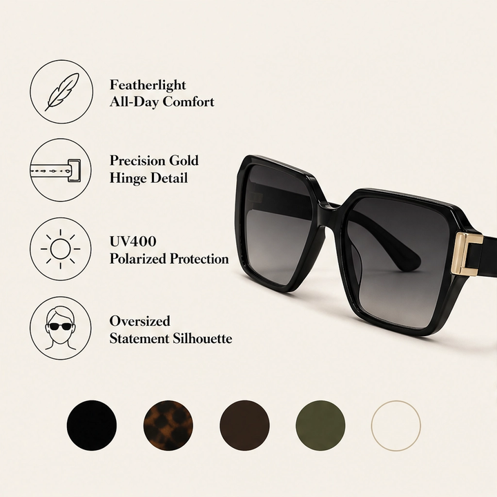 Solenne – Oversized Square UV400 Sunglasses with Gold Hinge Detail + 50% OFF