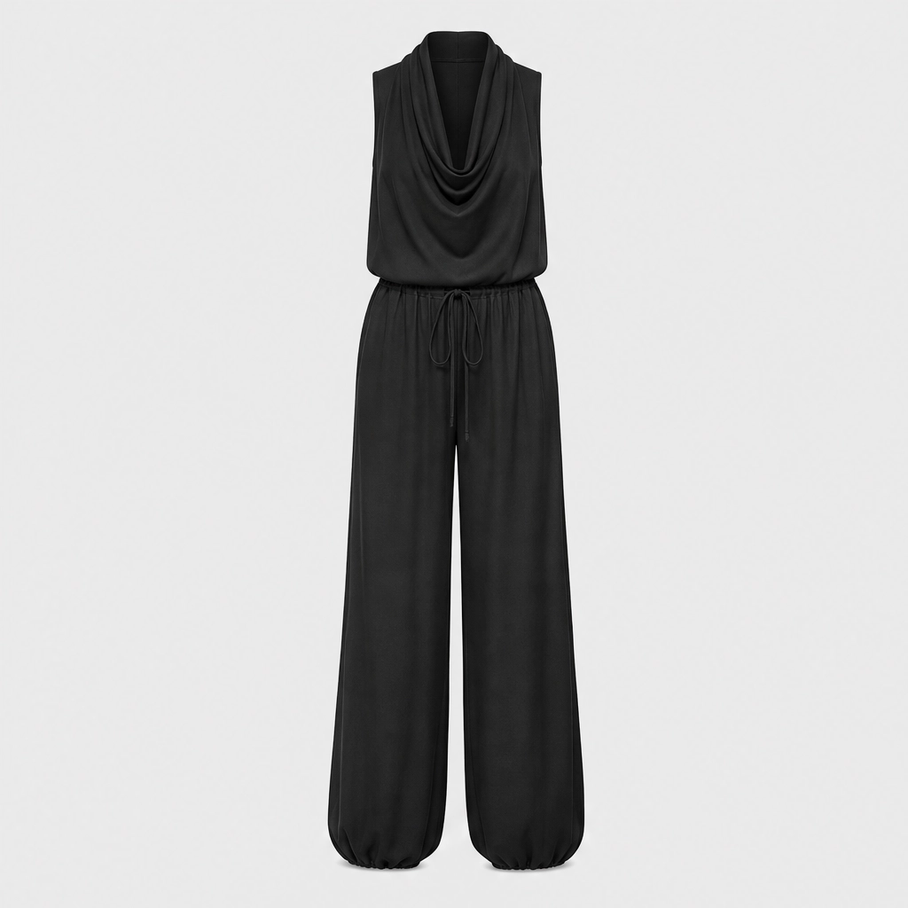 Solenne™ – Draped Cowl-Neck Halter Wide-Leg Jumpsuit + 50% OFF