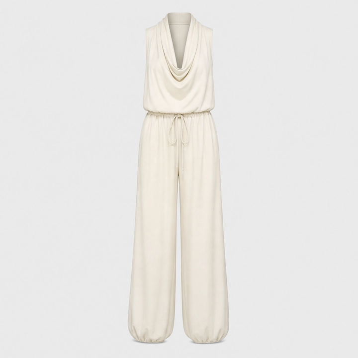 Solenne™ – Draped Cowl-Neck Halter Wide-Leg Jumpsuit + 50% OFF