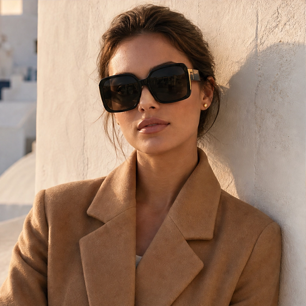 Solenne – Oversized Square UV400 Sunglasses with Gold Hinge Detail + 50% OFF