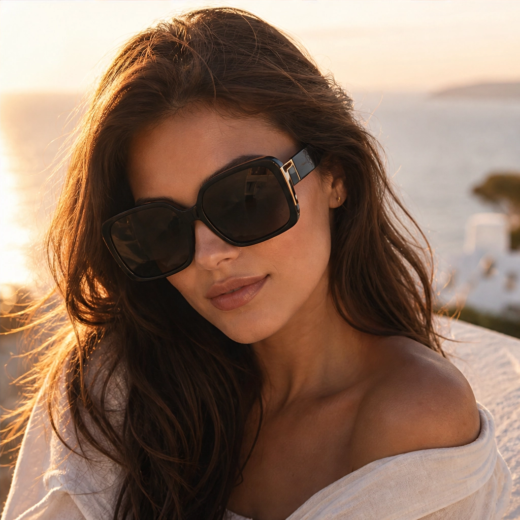 Solenne – Oversized Square UV400 Sunglasses with Gold Hinge Detail + 50% OFF