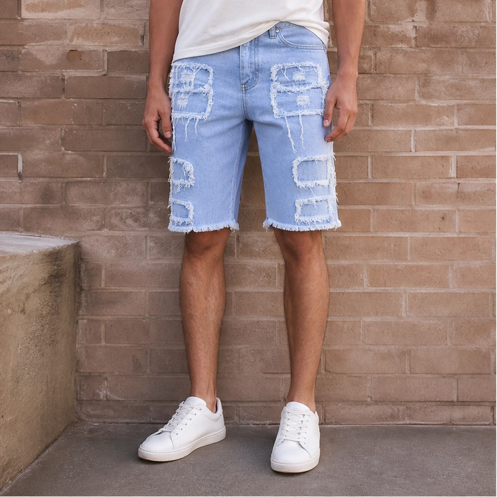 FRAYD™ – Distressed Frayed-Patch Denim Shorts for Men + 50% OFF