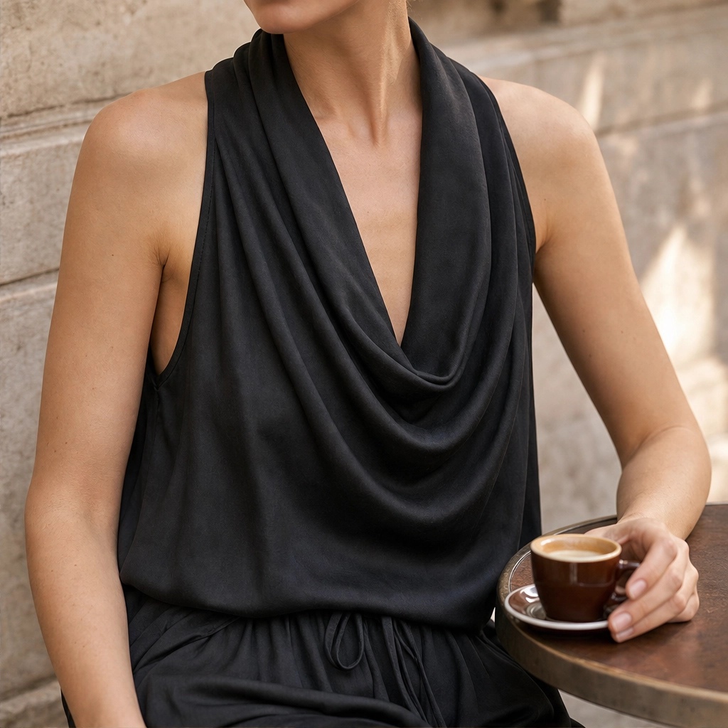 Solenne™ – Draped Cowl-Neck Halter Wide-Leg Jumpsuit + 50% OFF