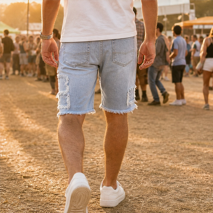 FRAYD™ – Distressed Frayed-Patch Denim Shorts for Men + 50% OFF