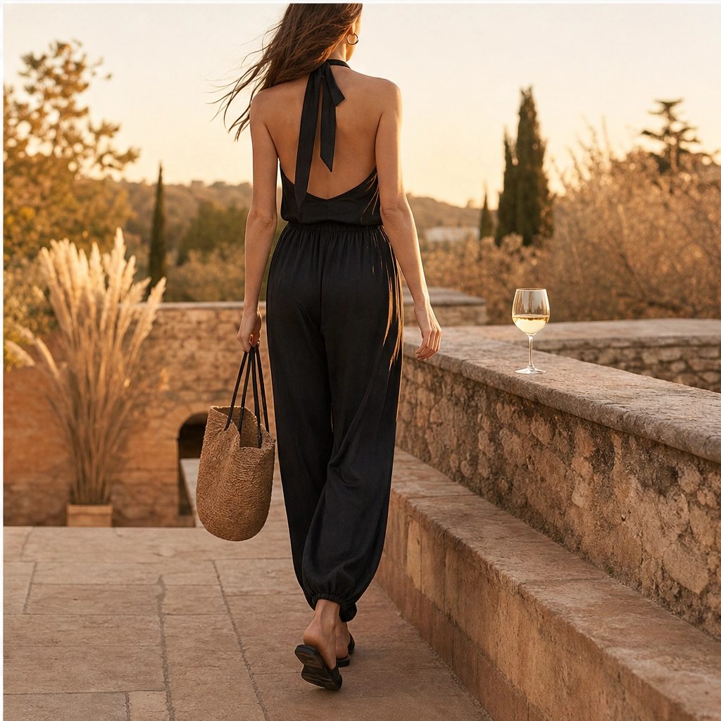 Solenne™ – Draped Cowl-Neck Halter Wide-Leg Jumpsuit + 50% OFF