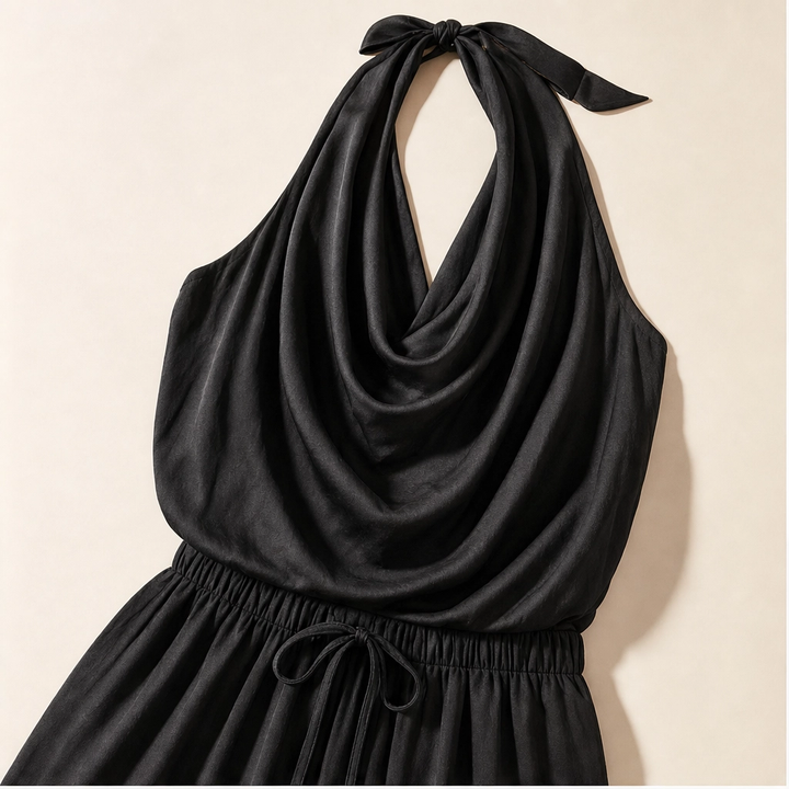 Solenne™ – Draped Cowl-Neck Halter Wide-Leg Jumpsuit + 50% OFF