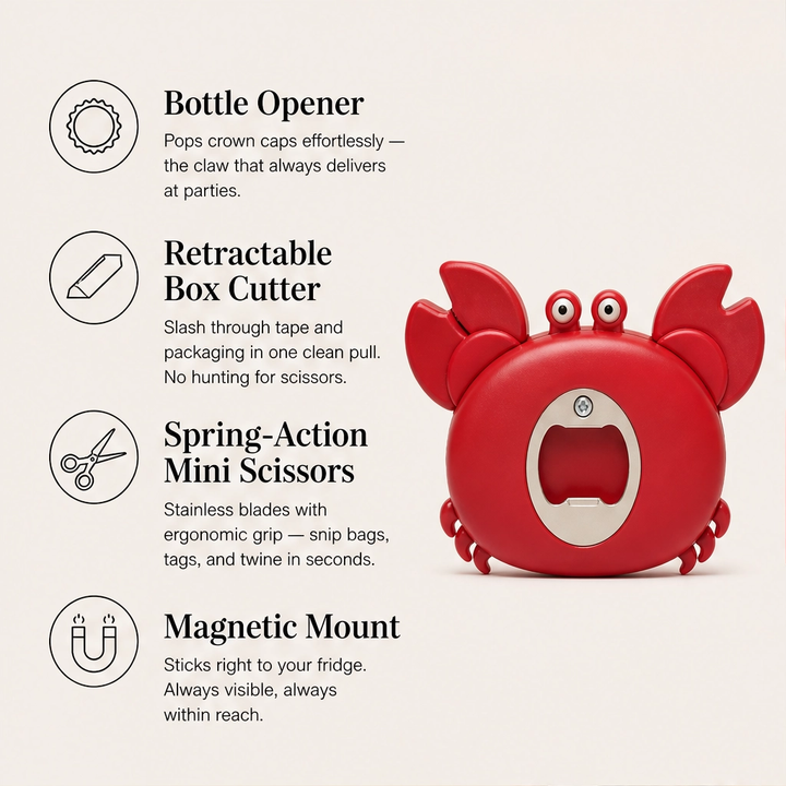 Pinchet – 3-in-1 Magnetic Crab Bottle Opener, Box Cutter &amp; Mini Scissors + 50% OFF