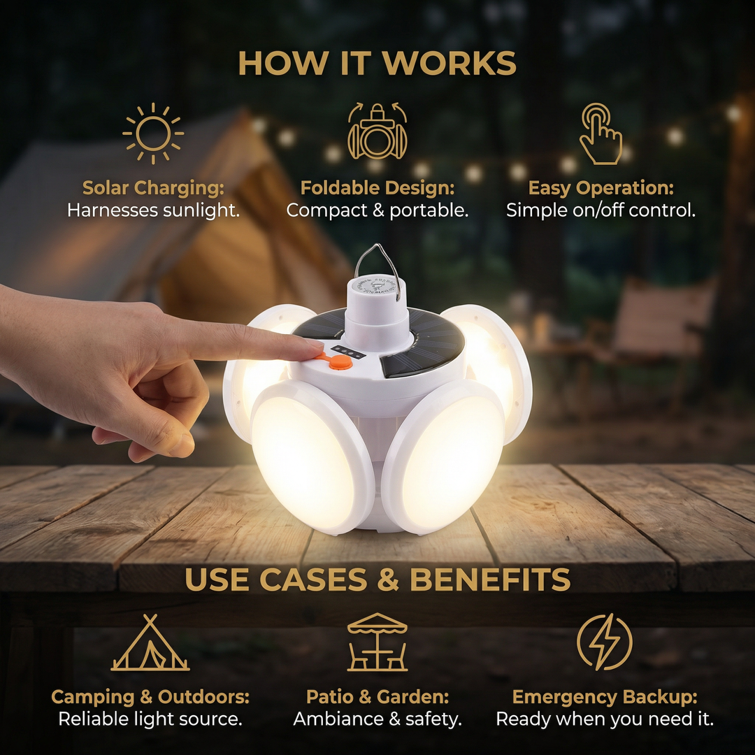 Cairnlight™ – Foldable Solar Camping Lantern with 4 LED Panels &amp; Hanging Hook + 50% OFF