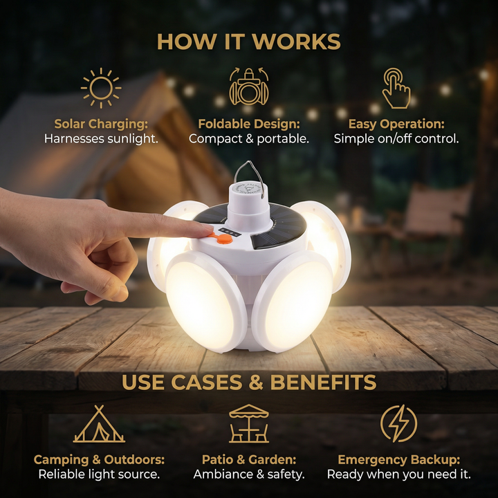Cairnlight™ – Foldable Solar Camping Lantern with 4 LED Panels &amp; Hanging Hook + 50% OFF