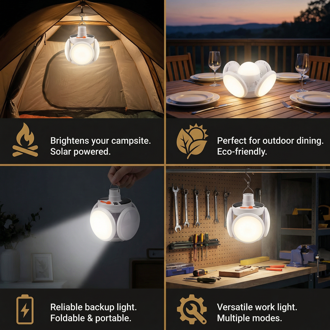 Cairnlight™ – Foldable Solar Camping Lantern with 4 LED Panels &amp; Hanging Hook + 50% OFF