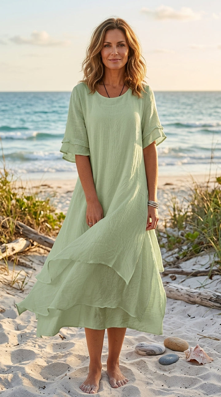 Linwell™ – Layered Cotton-Linen Flowing Midi Dress with Asymmetric Hem + 50% OFF