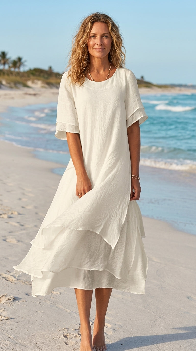 Linwell™ – Layered Cotton-Linen Flowing Midi Dress with Asymmetric Hem + 50% OFF