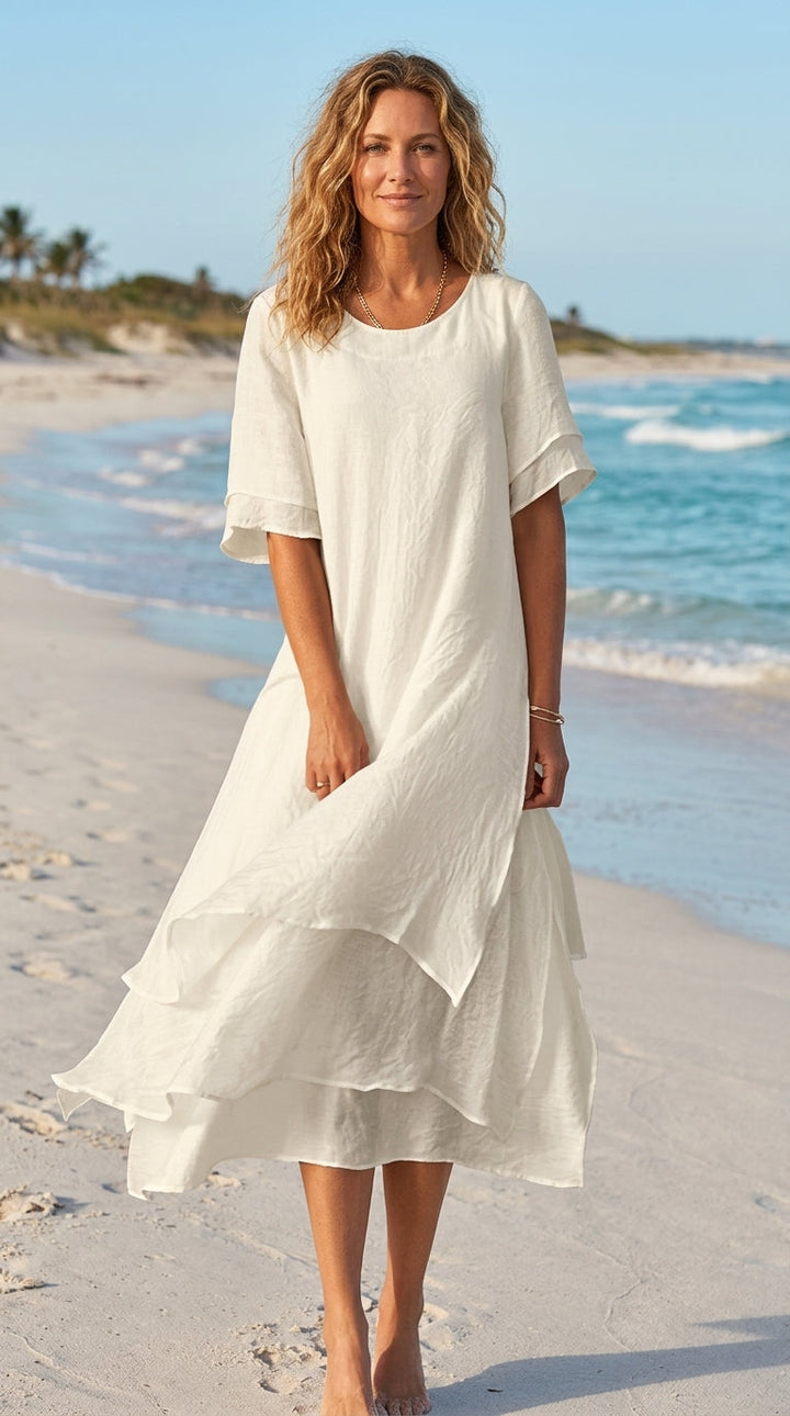Linwell™ – Layered Cotton-Linen Flowing Midi Dress with Asymmetric Hem + 50% OFF
