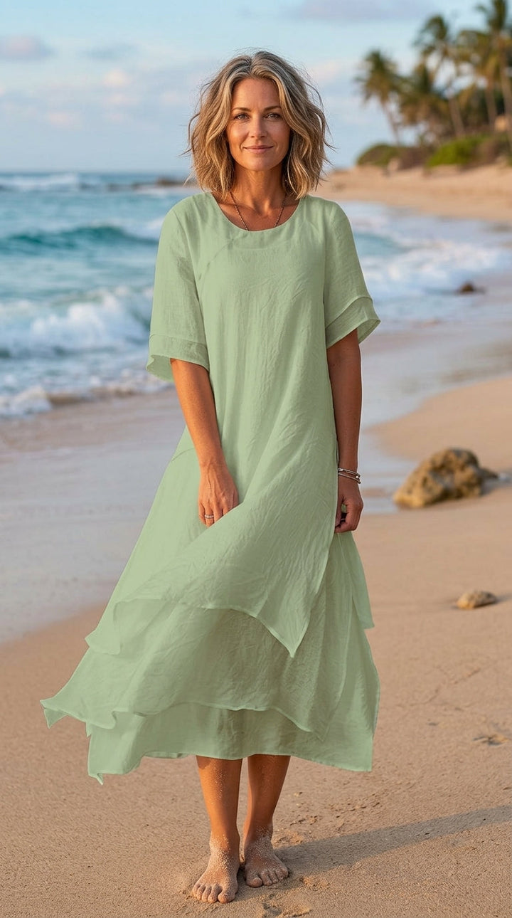 Linwell™ – Layered Cotton-Linen Flowing Midi Dress with Asymmetric Hem + 50% OFF