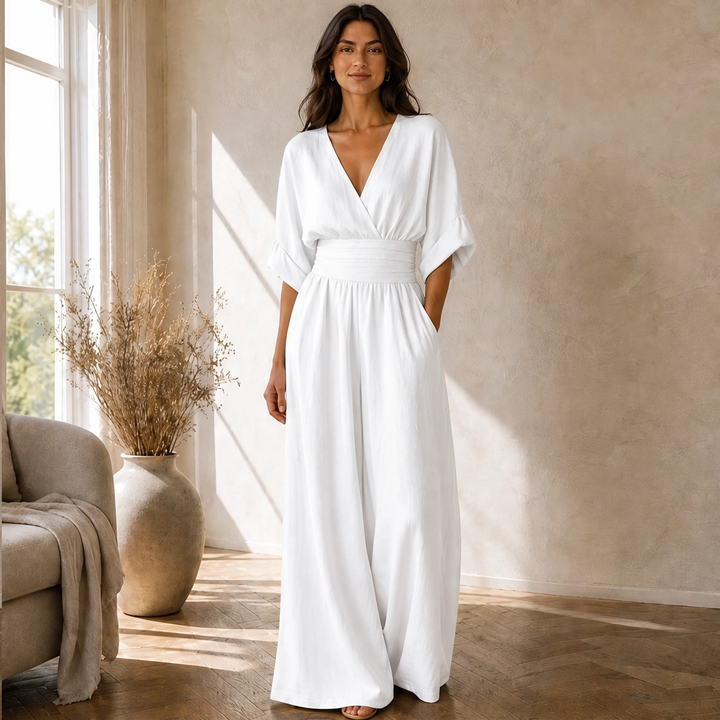 Calla – V-Neck Cinched-Waist Wide-Leg Jumpsuit + 50% OFF