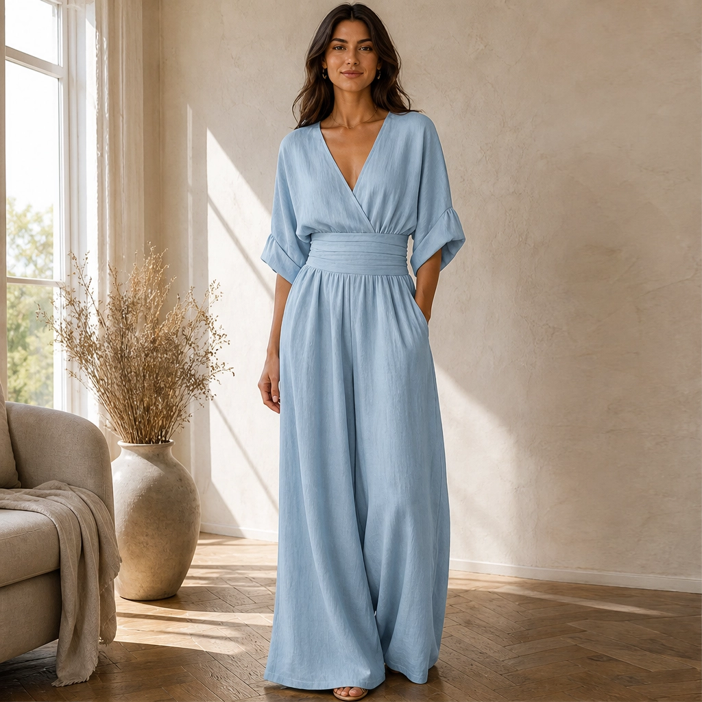 Calla – V-Neck Cinched-Waist Wide-Leg Jumpsuit + 50% OFF