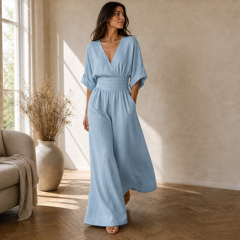 Calla – V-Neck Cinched-Waist Wide-Leg Jumpsuit + 50% OFF