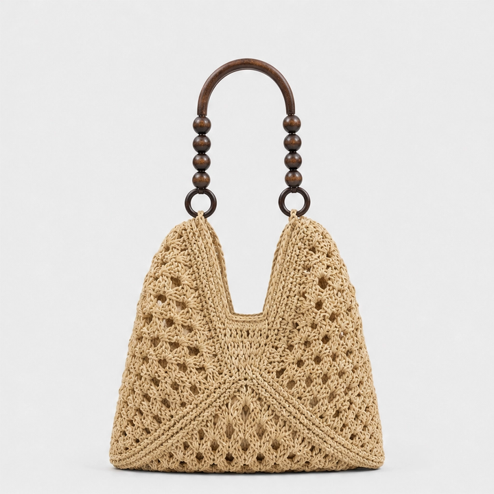 Dunecove™ – Handwoven Crochet Straw Shoulder Bag with Wooden Bead Handles + 50% OFF