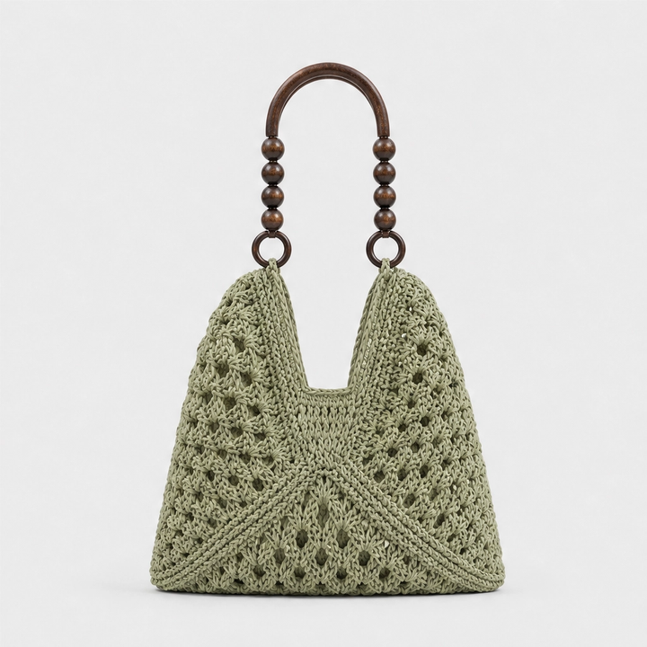 Dunecove™ – Handwoven Crochet Straw Shoulder Bag with Wooden Bead Handles + 50% OFF