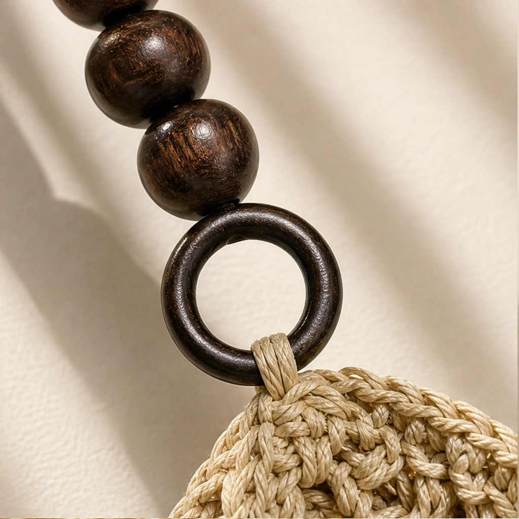 Dunecove™ – Handwoven Crochet Straw Shoulder Bag with Wooden Bead Handles + 50% OFF