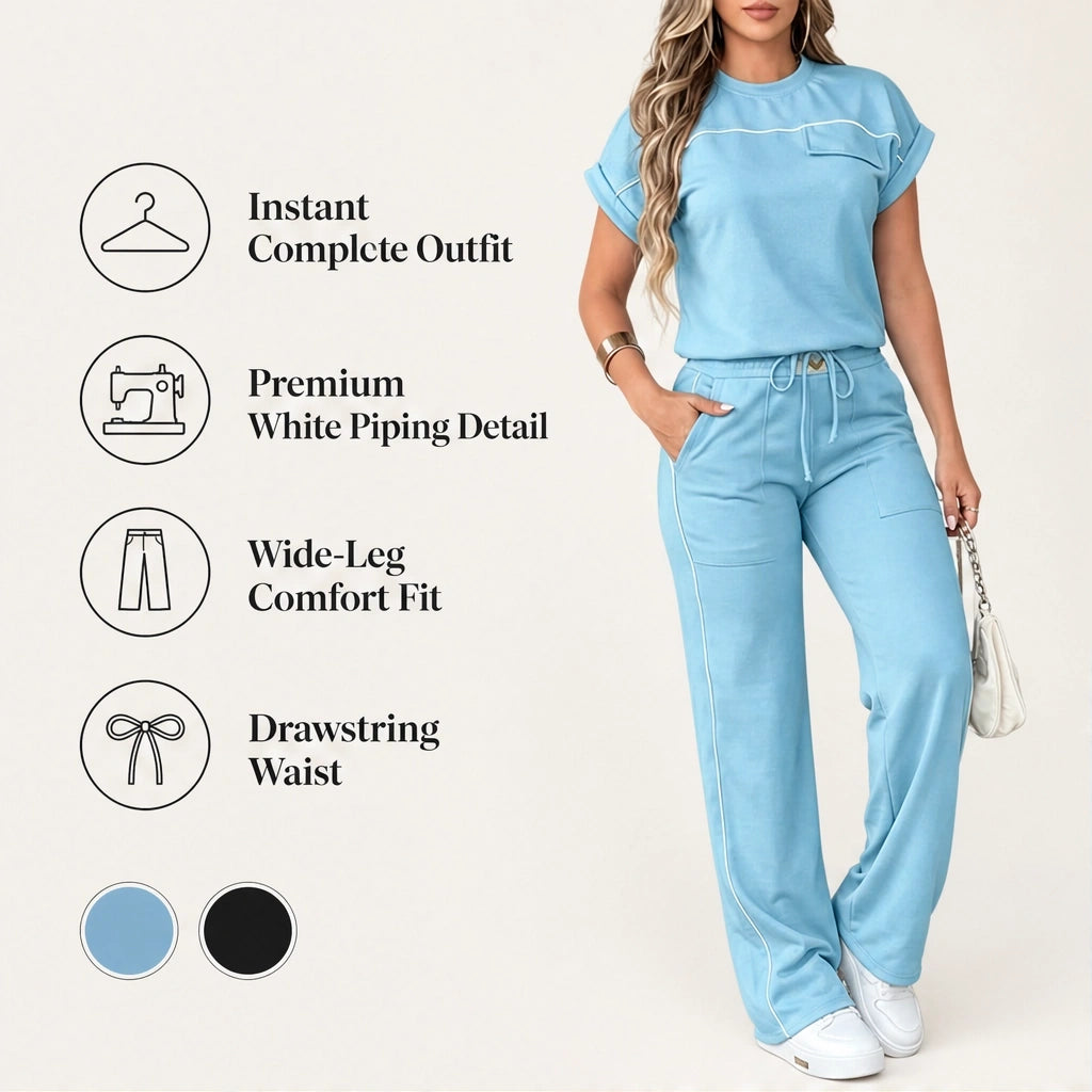 Sway™ – Contrast-Piping Wide-Leg Top &amp; Pants Set + 50% OFF