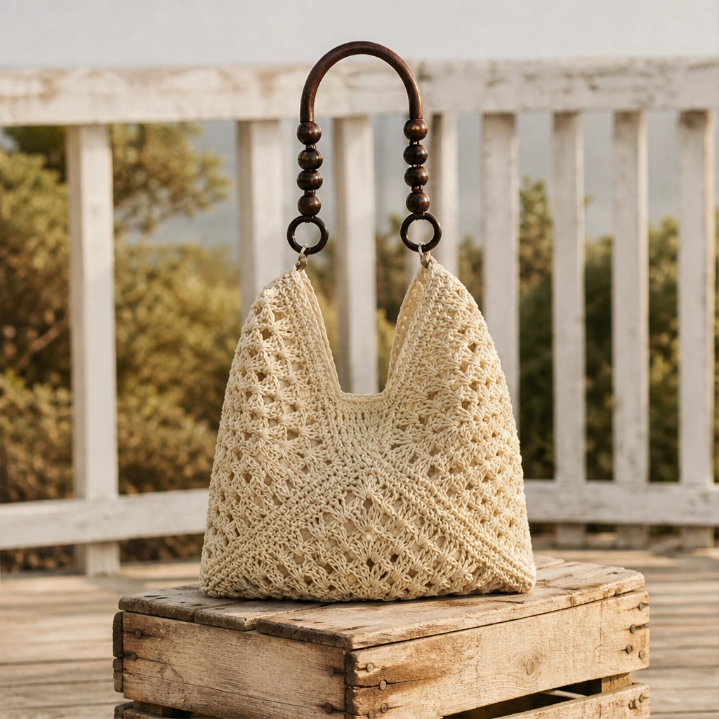 Dunecove™ – Handwoven Crochet Straw Shoulder Bag with Wooden Bead Handles + 50% OFF