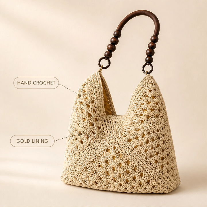 Dunecove™ – Handwoven Crochet Straw Shoulder Bag with Wooden Bead Handles + 50% OFF
