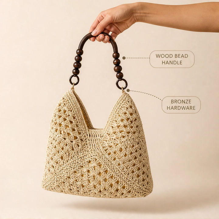 Dunecove™ – Handwoven Crochet Straw Shoulder Bag with Wooden Bead Handles + 50% OFF