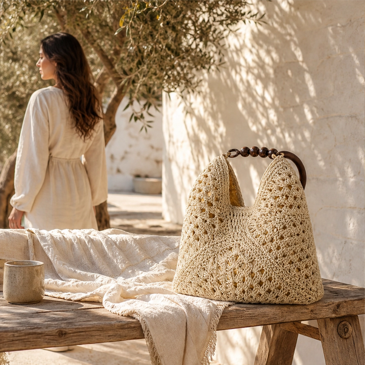 Dunecove™ – Handwoven Crochet Straw Shoulder Bag with Wooden Bead Handles + 50% OFF