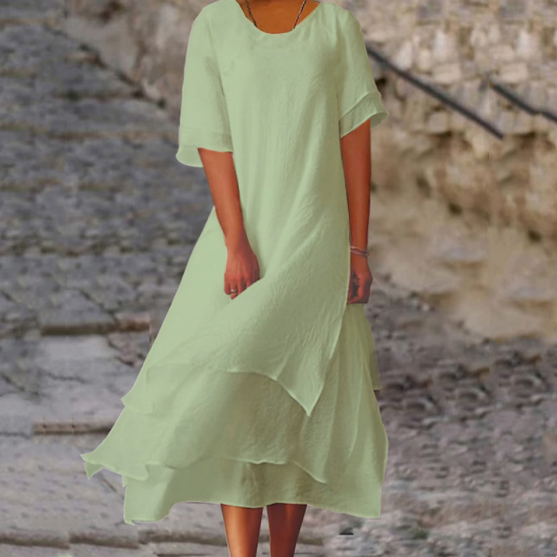 Linwell™ – Layered Cotton-Linen Flowing Midi Dress with Asymmetric Hem + 50% OFF