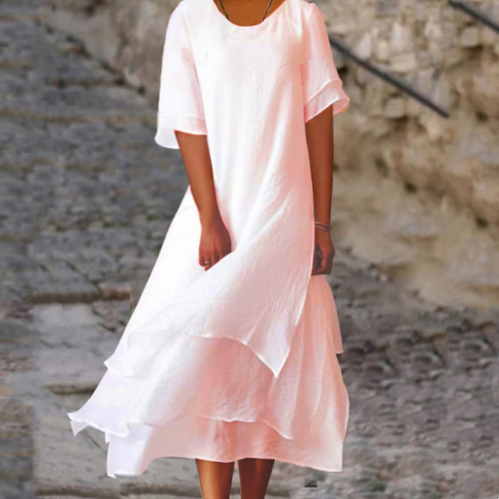 Linwell™ – Layered Cotton-Linen Flowing Midi Dress with Asymmetric Hem + 50% OFF