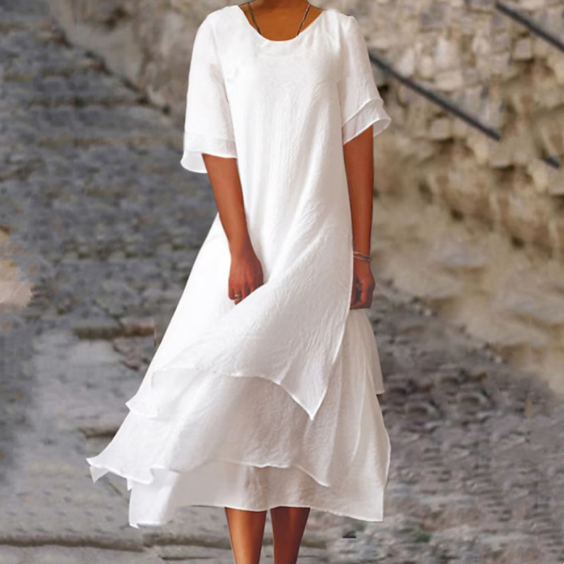 Linwell™ – Layered Cotton-Linen Flowing Midi Dress with Asymmetric Hem + 50% OFF