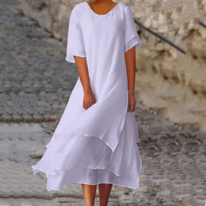Linwell™ – Layered Cotton-Linen Flowing Midi Dress with Asymmetric Hem + 50% OFF